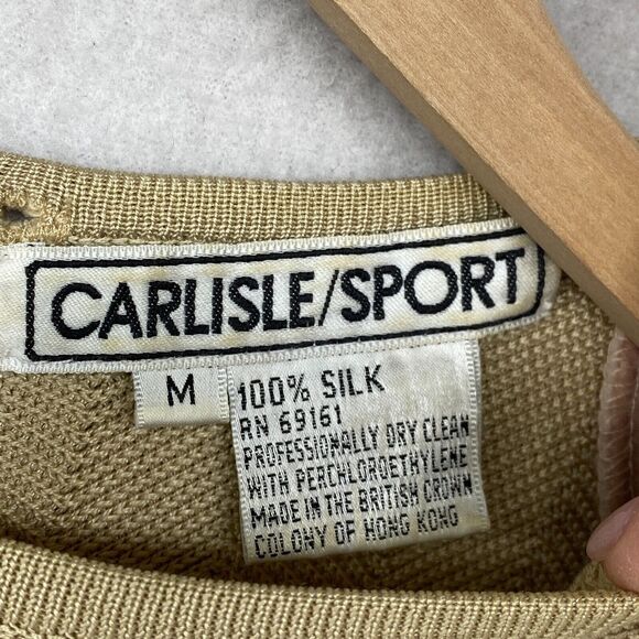 CARLISLE SPORT Sweater M Silk Herringbone Round Neck Short Sleeve Beige HK VTG - Picture 7 of 11